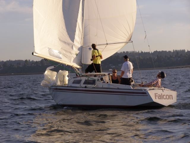 Racing Falcon, Photo from Laura Wagner (racing from left to right: Brian Flaherty, Laura Wagner, Dennis Counts and skipper Sandy Pratt) 